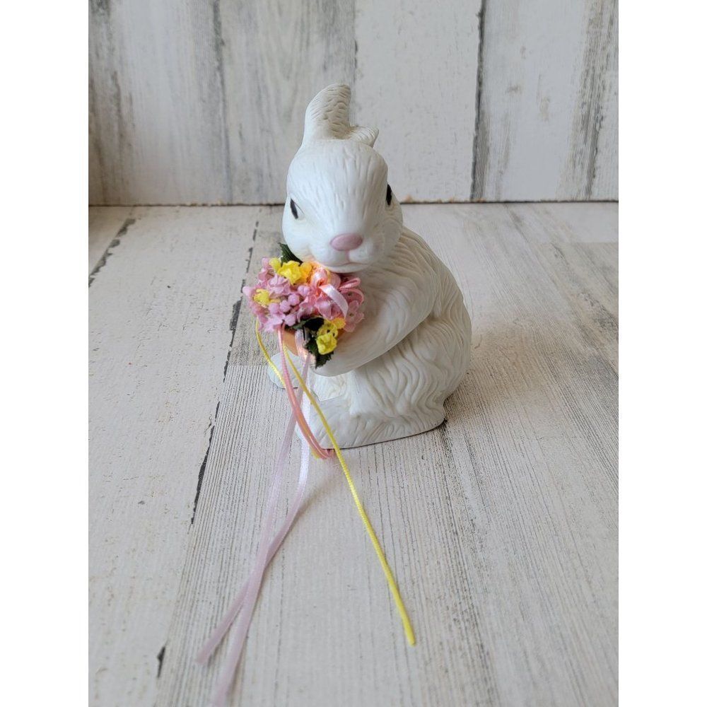 Ceramic Easter Bunny flower light up figurine Decor white